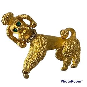 Vintage Gold Poodle Brooch/Pin with Rhinestone Eyes and Collar.